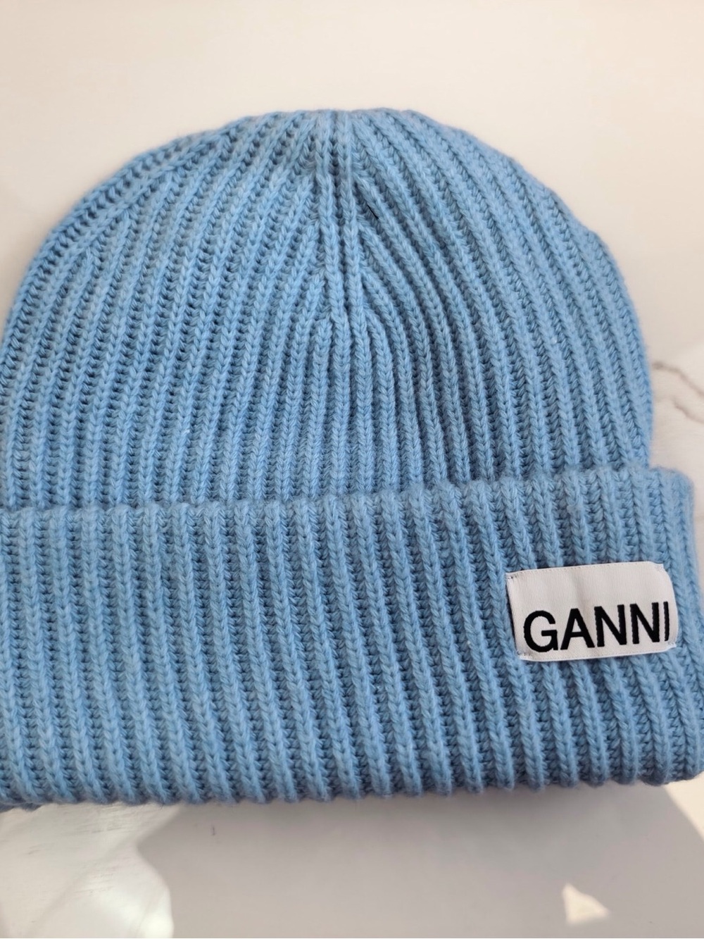 Ganni Light Blue Ribbed Logo Beanie